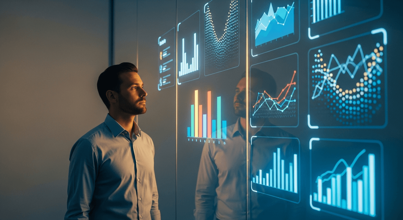 Estrategista analisando dados reais de crescimento em dashboards de GA4 e SEO